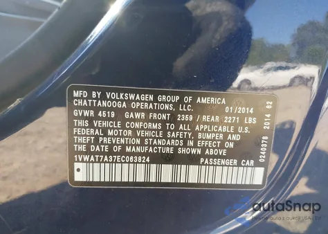 2014 Volkswagen Passat 1.8T Wolfsburg Edition из США, поврежденный, VIN 1VWAT7A37EC063824